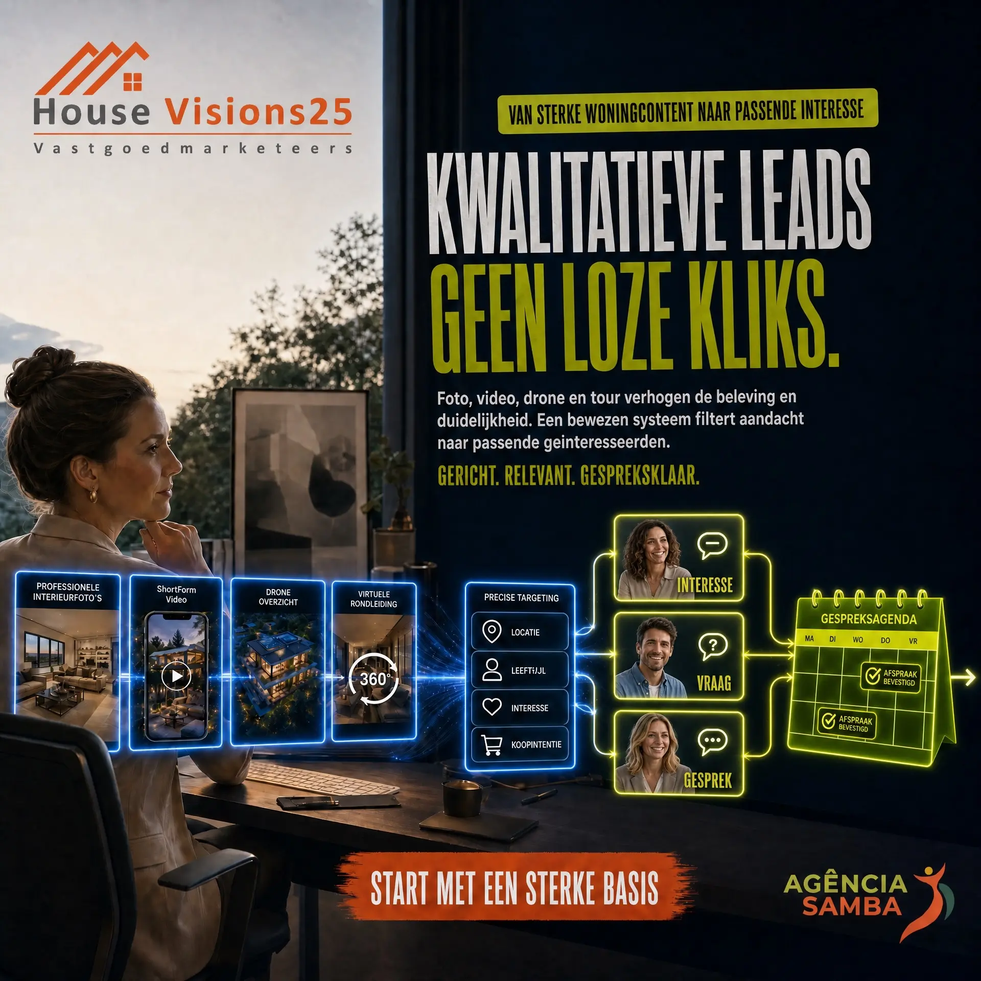 Campagnebeeld van de alliantie tussen Agência Samba en House Visions25: van sterke woningcontent naar kwalitatieve leads en bevestigde afspraken