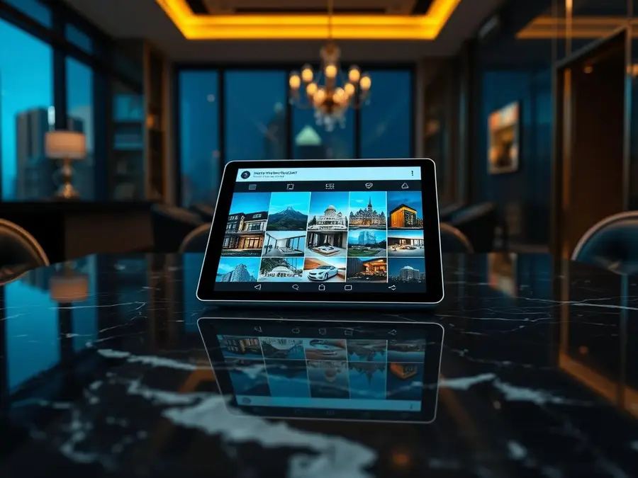 Tablet met een verzorgde social media feed vol luxe vastgoedbeelden