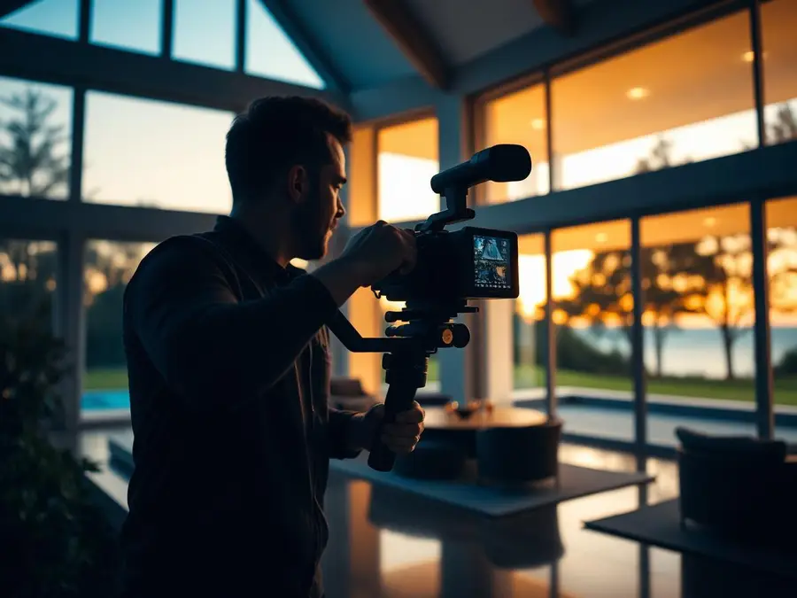 Professionele videograaf filmt met een gimbal-stabilisator in een luxueus landhuis