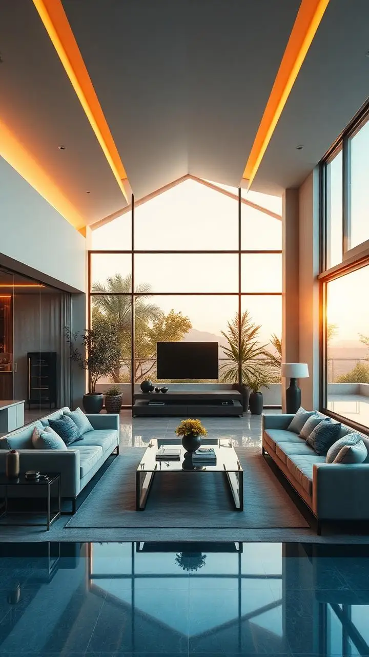Beeld uit een cinematische walkthrough van een luxevilla tijdens het gouden uur